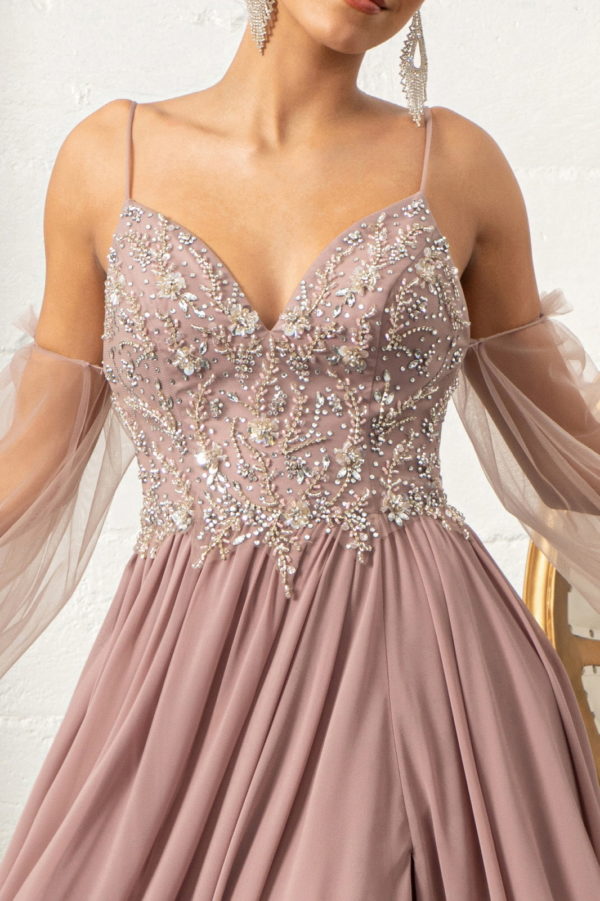Detachable Mesh Sleeve V-Neck Chiffon Prom Dress-10