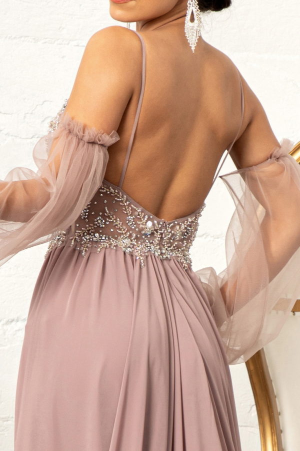 Detachable Mesh Sleeve V-Neck Chiffon Prom Dress-11