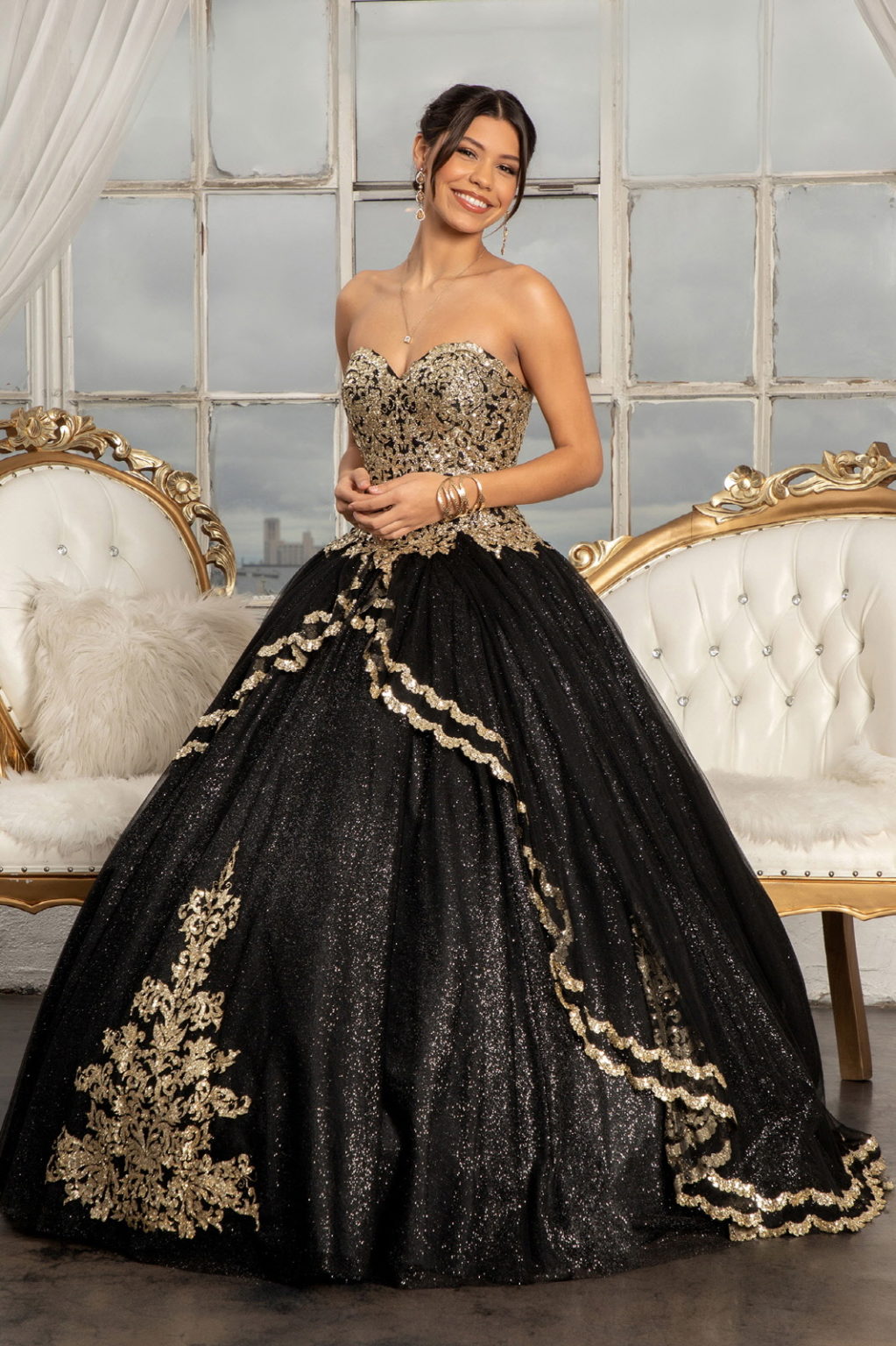 Glitter Embellished Mesh Quinceanera Ball Gown w/ Sweetheart Neckline (Petticoat Included)-0