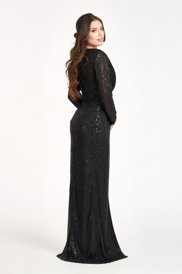 Gathered Waist Sequin Embellished Mermaid Dress w/ Long Sleeves-2