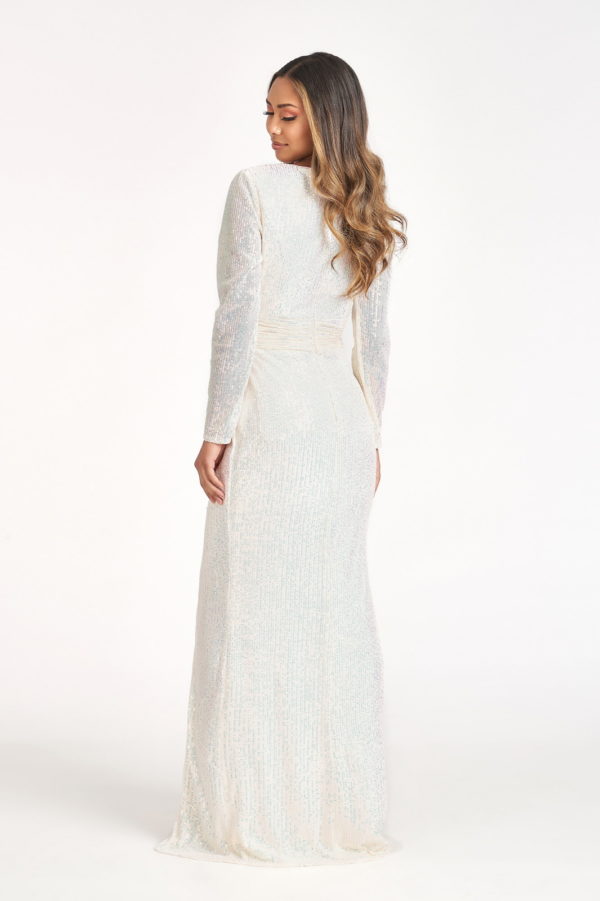 Gathered Waist Sequin Embellished Mermaid Dress w/ Long Sleeves-6