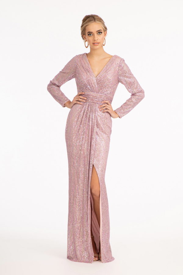 Gathered Waist Sequin Embellished Mermaid Dress w/ Long Sleeves-13