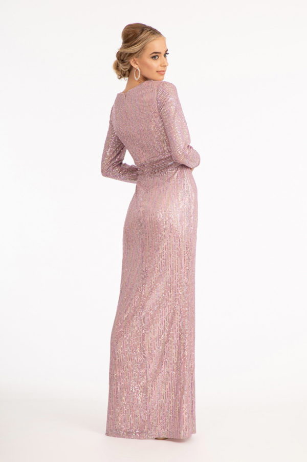 Gathered Waist Sequin Embellished Mermaid Dress w/ Long Sleeves-14