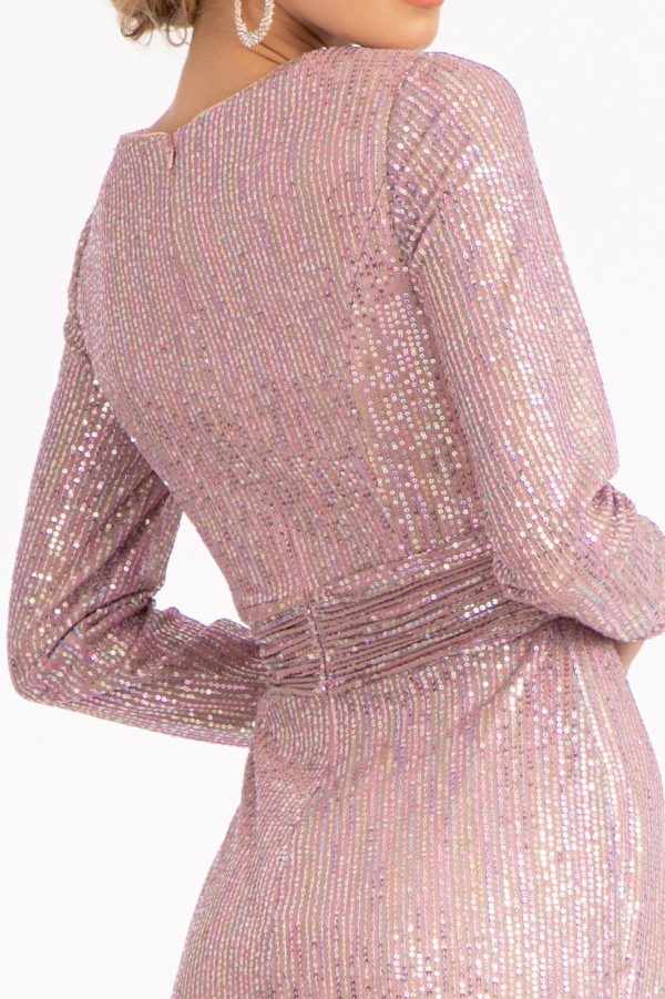 Gathered Waist Sequin Embellished Mermaid Dress w/ Long Sleeves-16
