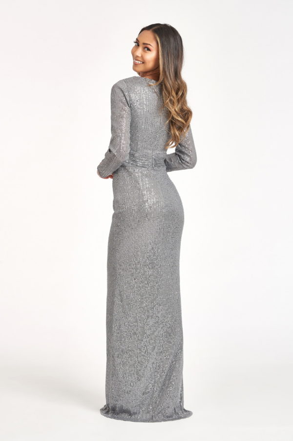 Gathered Waist Sequin Embellished Mermaid Dress w/ Long Sleeves-18