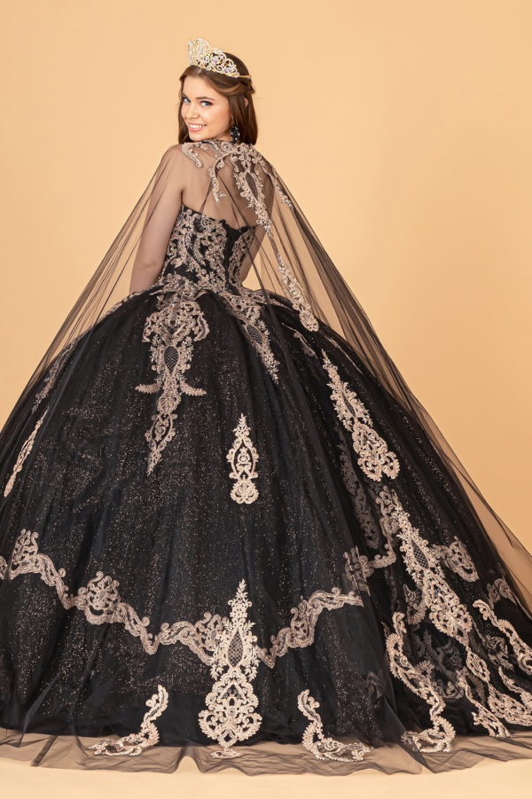 Glitter Jewel Embellished Quinceanera Gown w/ Long Mesh Cape-19
