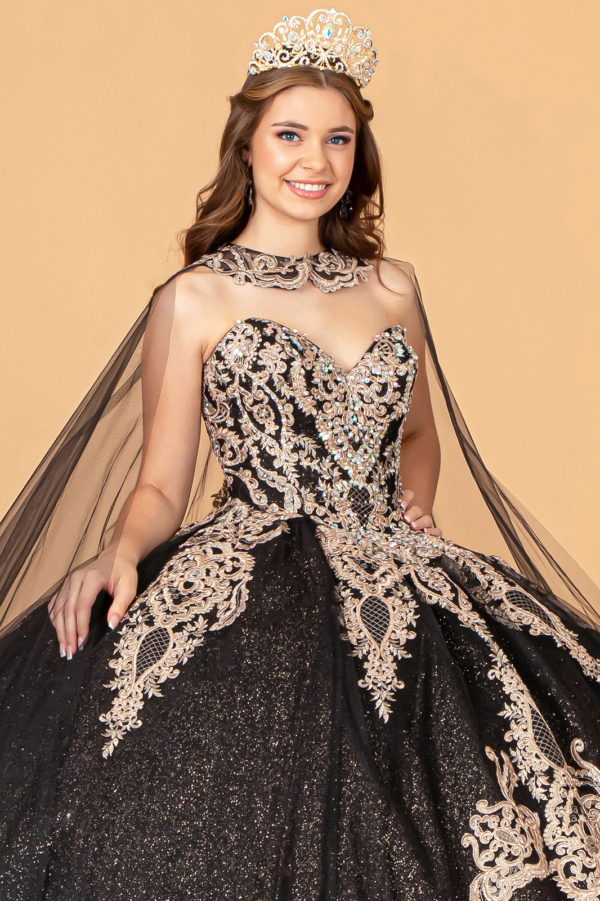 Glitter Jewel Embellished Quinceanera Gown w/ Long Mesh Cape-20