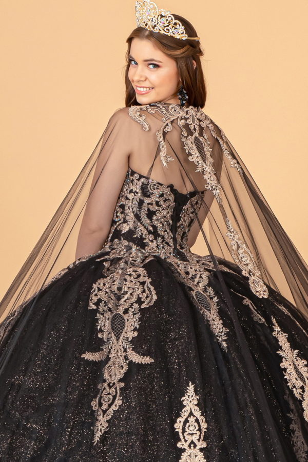 Glitter Jewel Embellished Quinceanera Gown w/ Long Mesh Cape-21