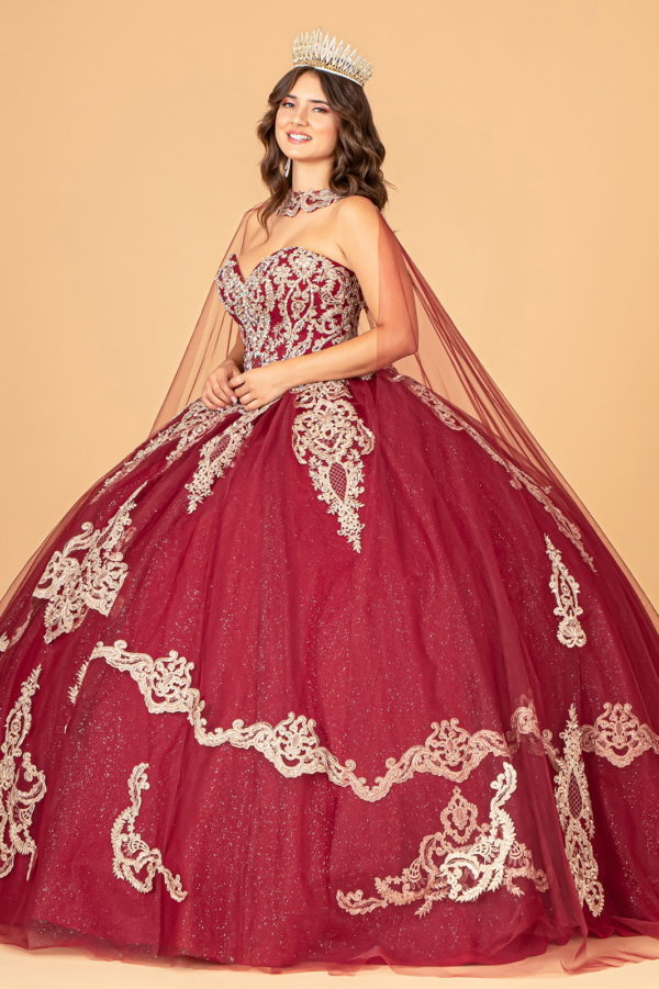 Glitter Jewel Embellished Quinceanera Gown w/ Long Mesh Cape-5
