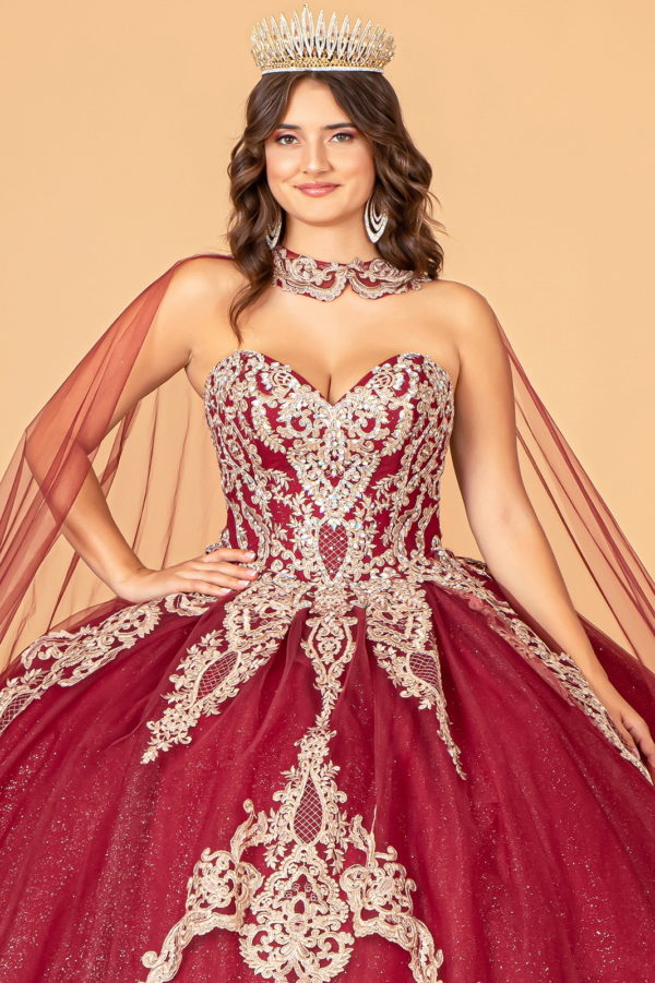 Glitter Jewel Embellished Quinceanera Gown w/ Long Mesh Cape-6