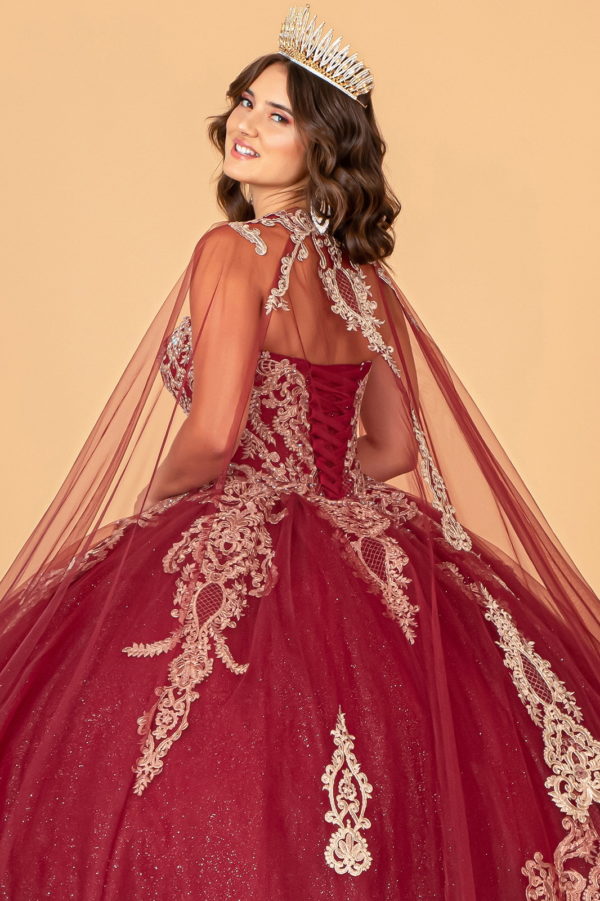 Glitter Jewel Embellished Quinceanera Gown w/ Long Mesh Cape-7