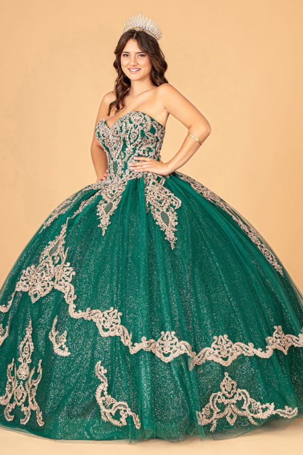 Glitter Jewel Embellished Quinceanera Gown w/ Long Mesh Cape-16