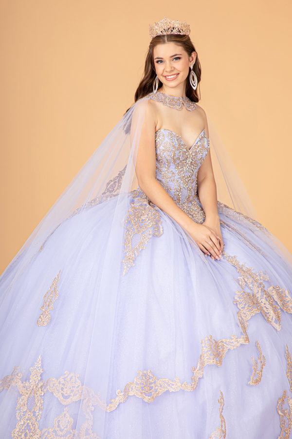 Glitter Jewel Embellished Quinceanera Gown w/ Long Mesh Cape-8