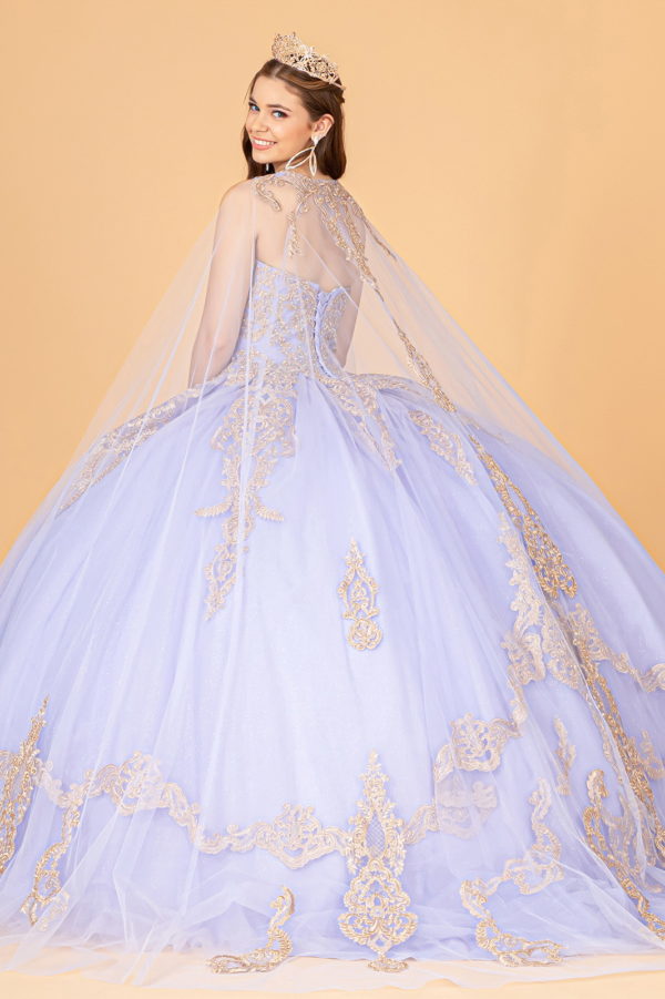 Glitter Jewel Embellished Quinceanera Gown w/ Long Mesh Cape-9