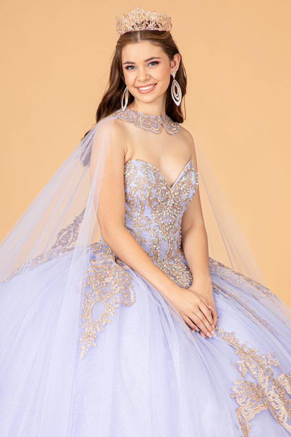 Glitter Jewel Embellished Quinceanera Gown w/ Long Mesh Cape-10