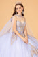 Glitter Jewel Embellished Quinceanera Gown w/ Long Mesh Cape-10