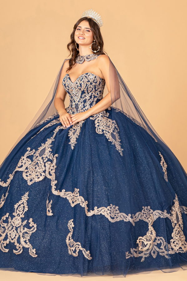 Glitter Jewel Embellished Quinceanera Gown w/ Long Mesh Cape-12