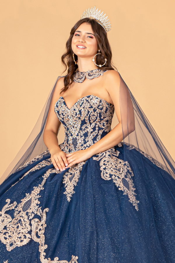Glitter Jewel Embellished Quinceanera Gown w/ Long Mesh Cape-14