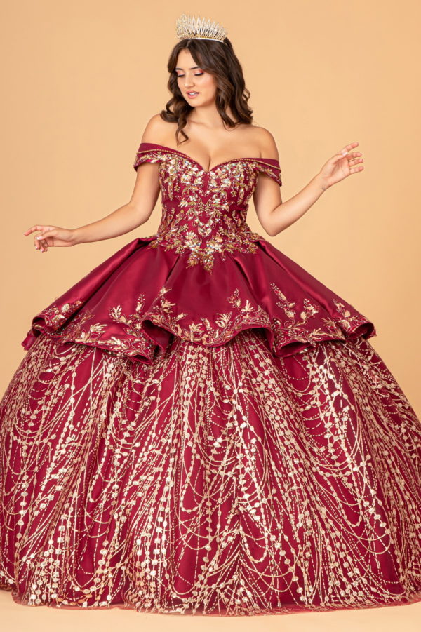 Off Shoulder Satin Quinceanera Ball Gown Embellished with Gold Embroidery-5