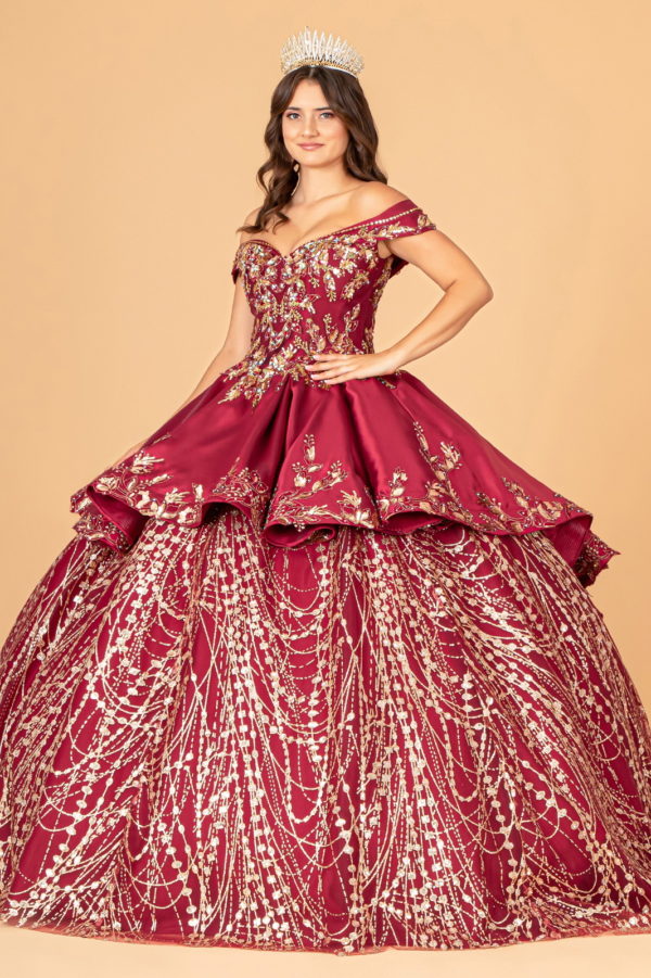 Off Shoulder Satin Quinceanera Ball Gown Embellished with Gold Embroidery-7