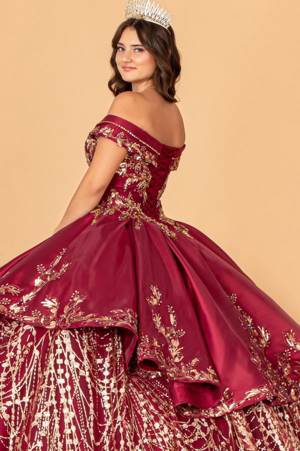 Off Shoulder Satin Quinceanera Ball Gown Embellished with Gold Embroidery-12