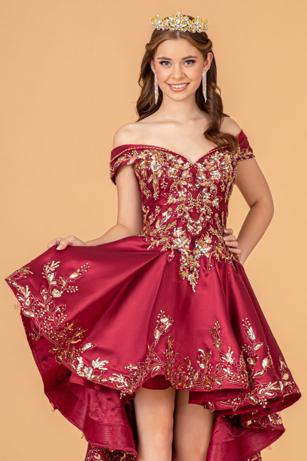 Off Shoulder Satin Quinceanera Ball Gown Embellished with Gold Embroidery-13