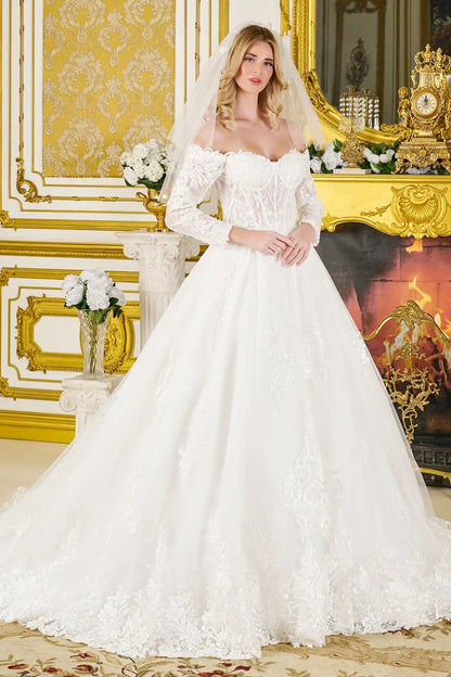 Wedding Ball Gown Off-Shoulder 3/4 Sleeves,A Sweetheart Neckline Corset Bodice-0