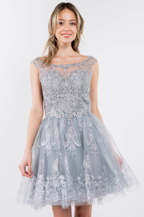 Embroidery Embellished Bodice Glitter Pattern Mesh Skirt Short Dress-6