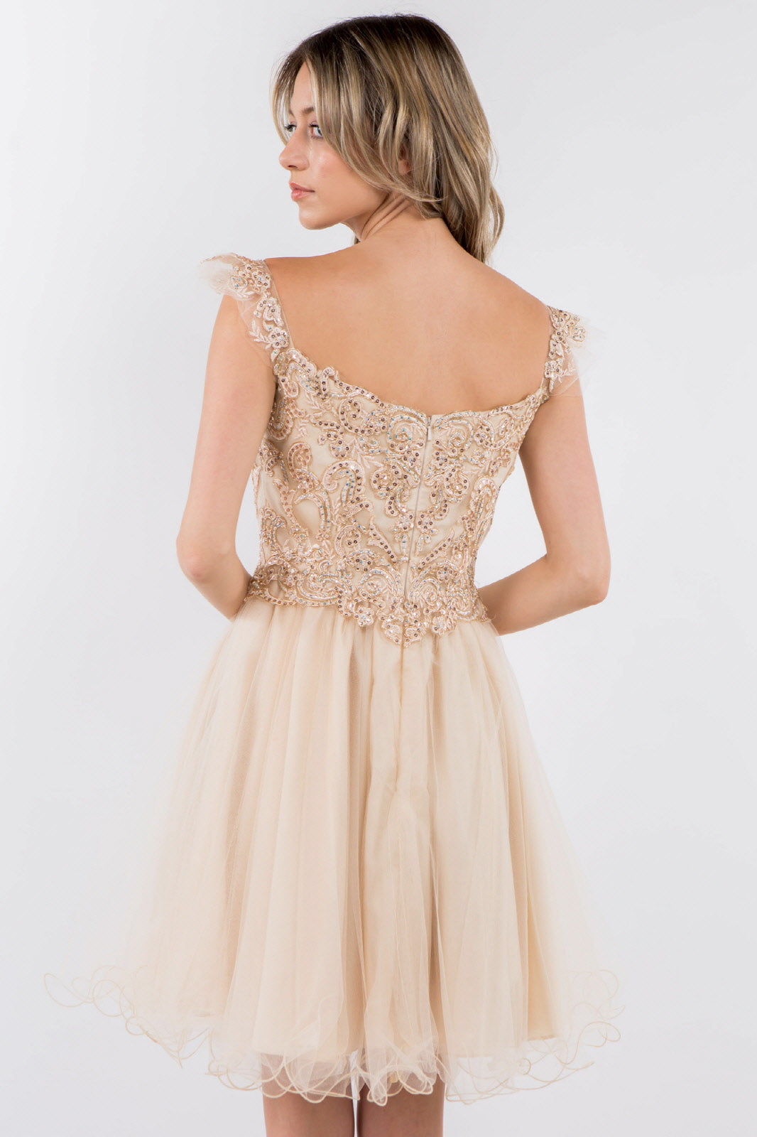 Cut-Away Shoulder Sweetheart Mesh Short Dress-8