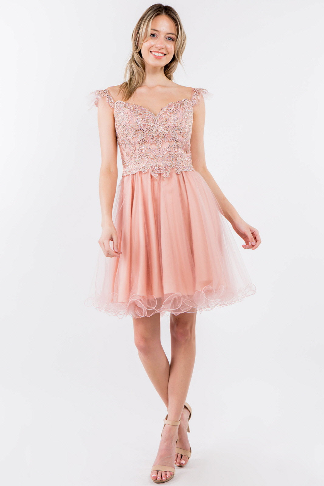 Cut-Away Shoulder Sweetheart Mesh Short Dress-10