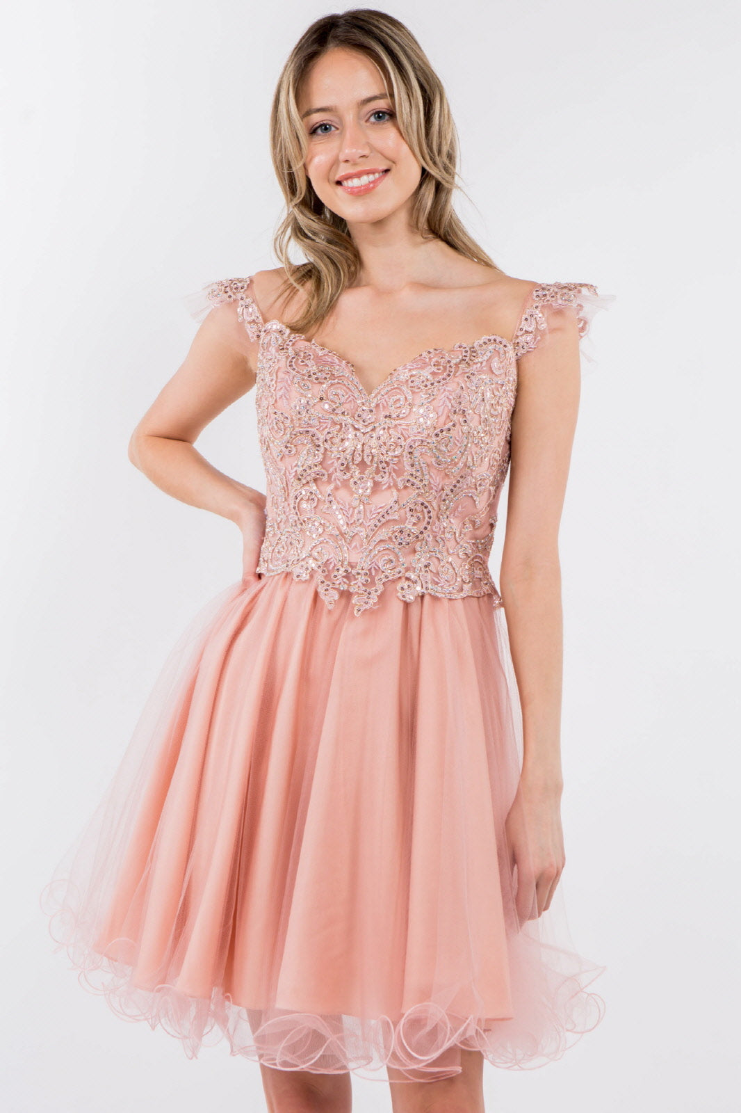 Cut-Away Shoulder Sweetheart Mesh Short Dress-11