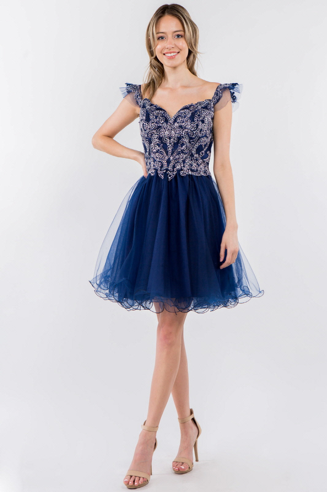 Cut-Away Shoulder Sweetheart Mesh Short Dress-15