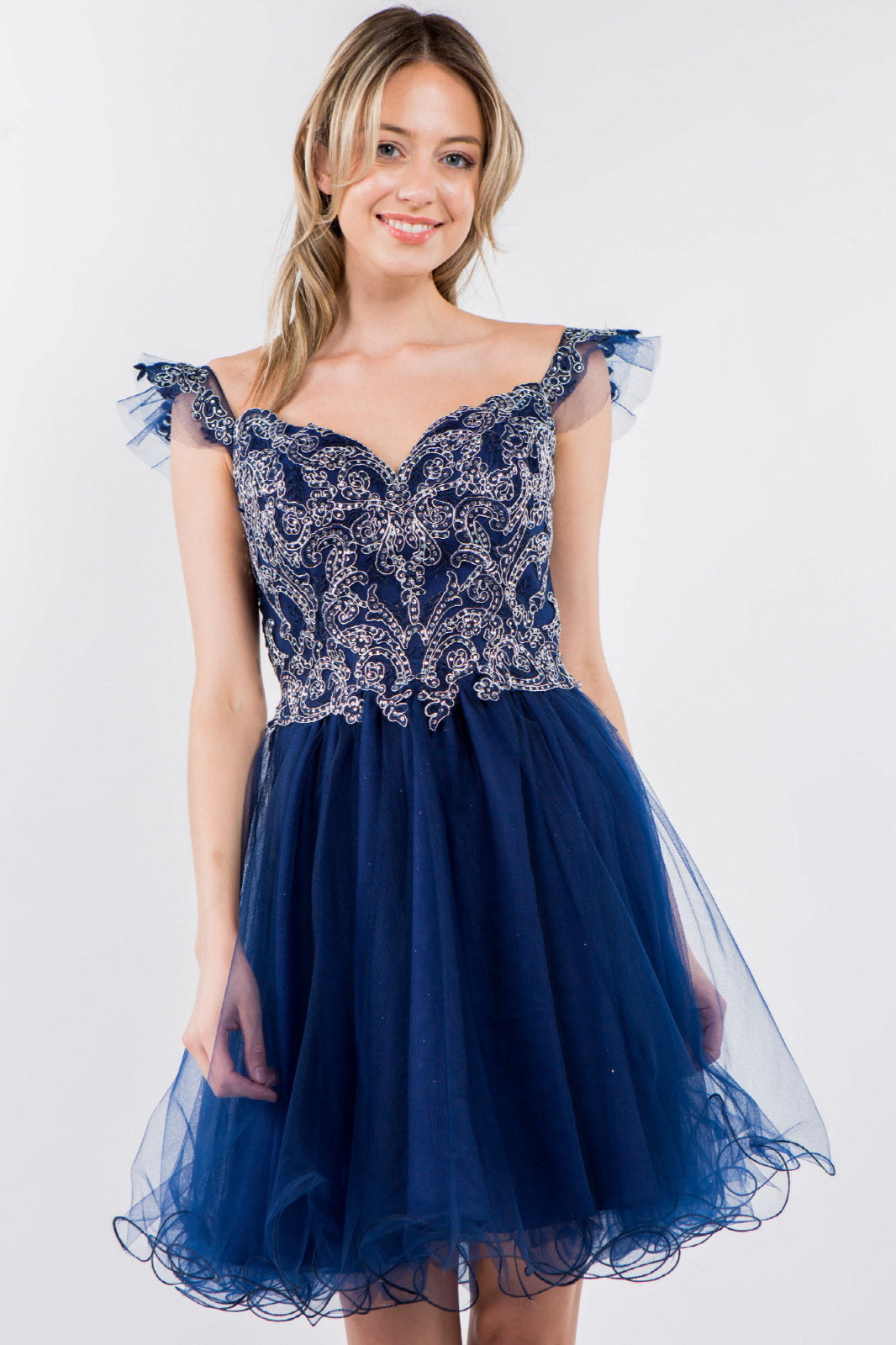 Cut-Away Shoulder Sweetheart Mesh Short Dress-16