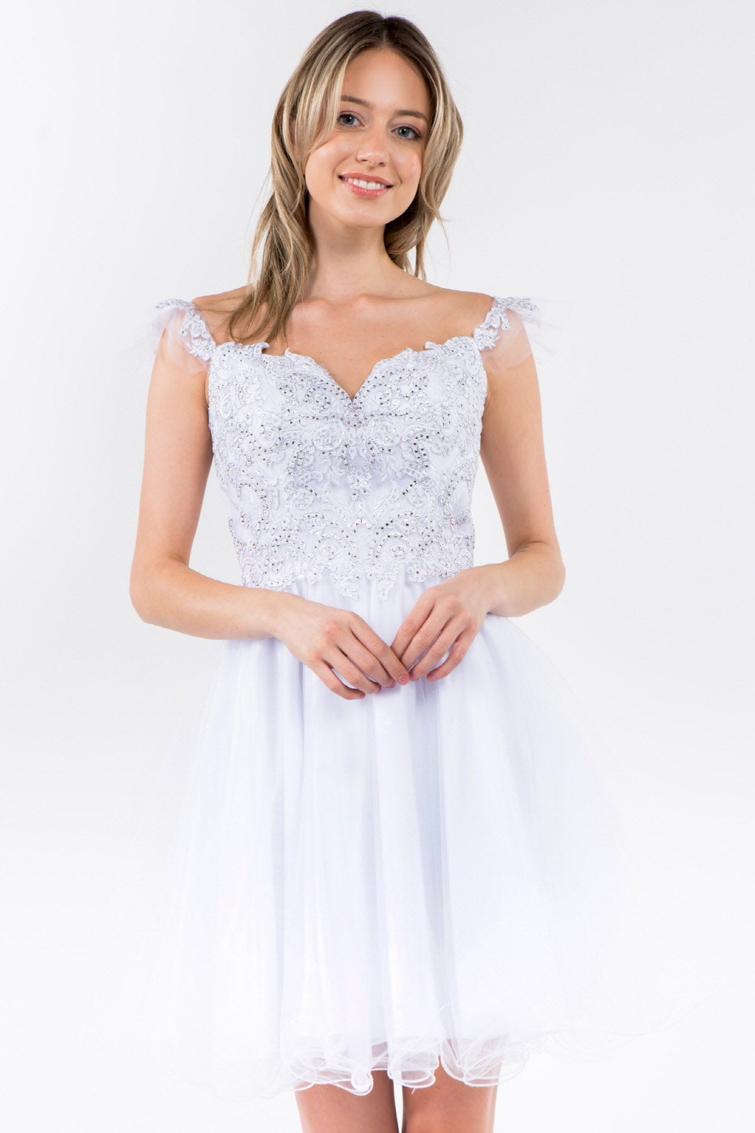 Cut-Away Shoulder Sweetheart Mesh Short Dress-21