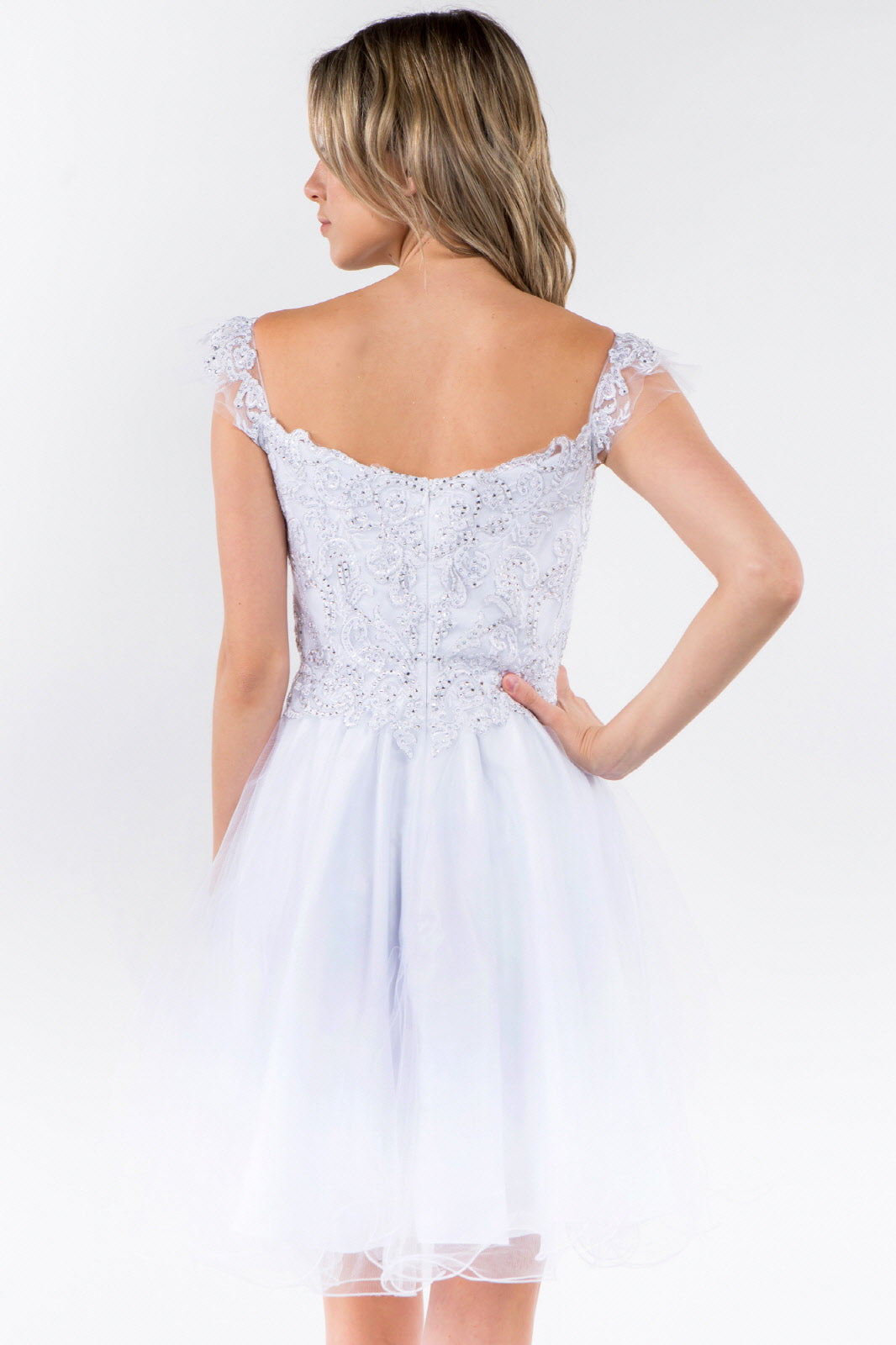 Cut-Away Shoulder Sweetheart Mesh Short Dress-23