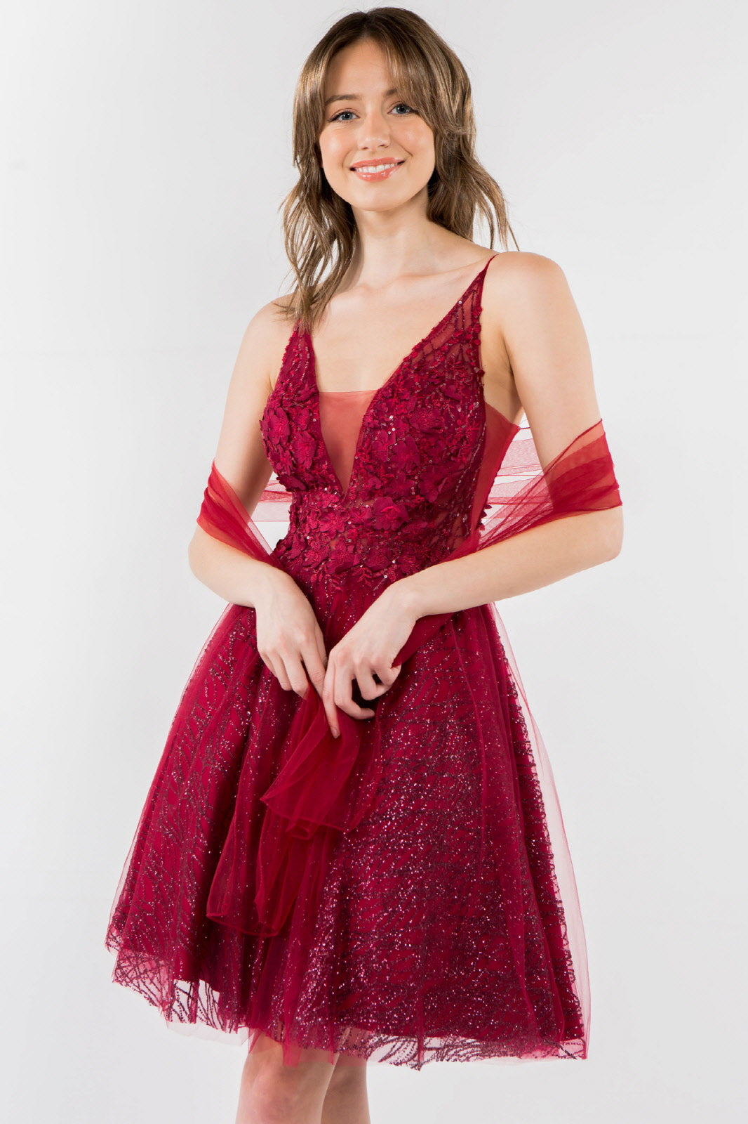 Sheer Bodice V-Neck Glitter Mesh Homecoming Dress-6