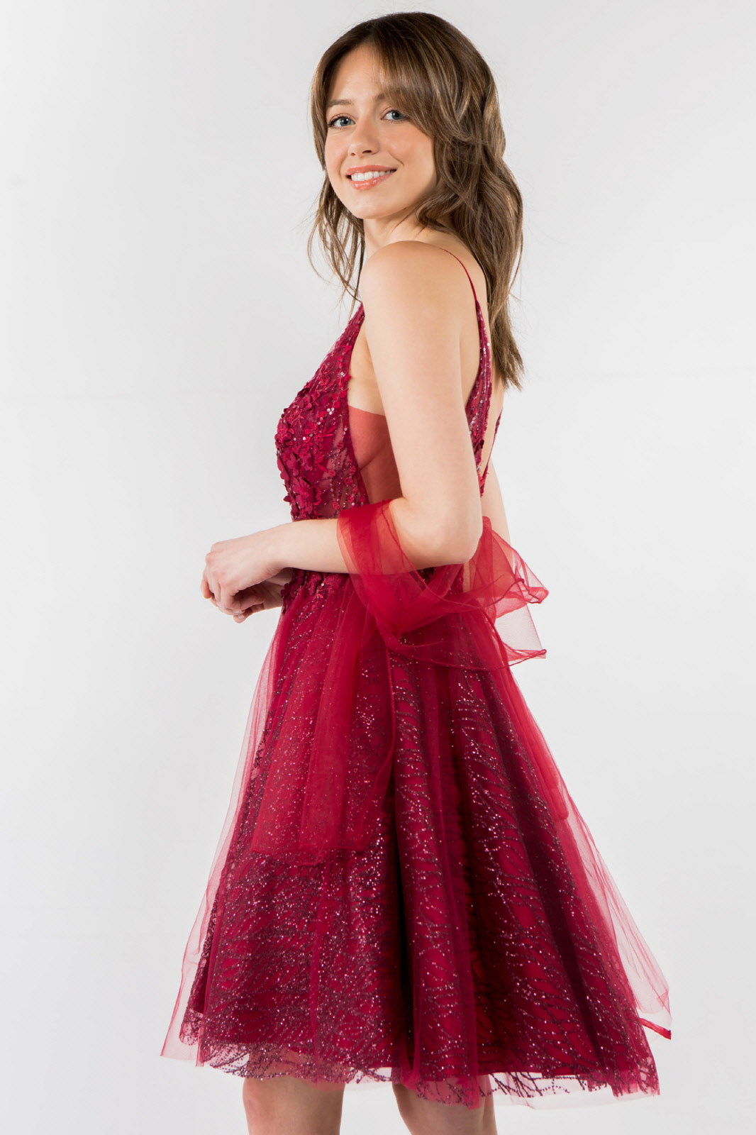 Sheer Bodice V-Neck Glitter Mesh Homecoming Dress-7