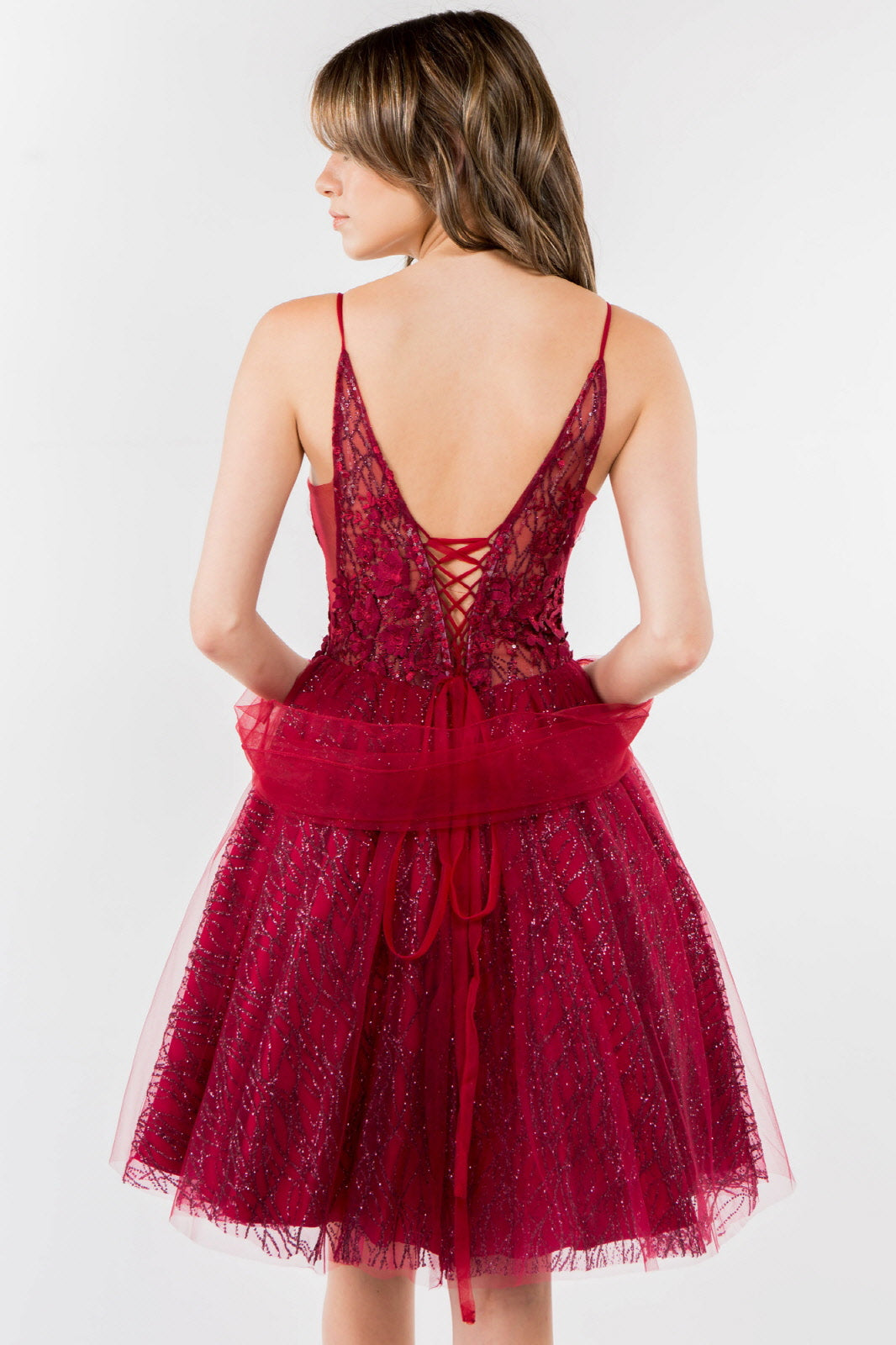 Sheer Bodice V-Neck Glitter Mesh Homecoming Dress-8
