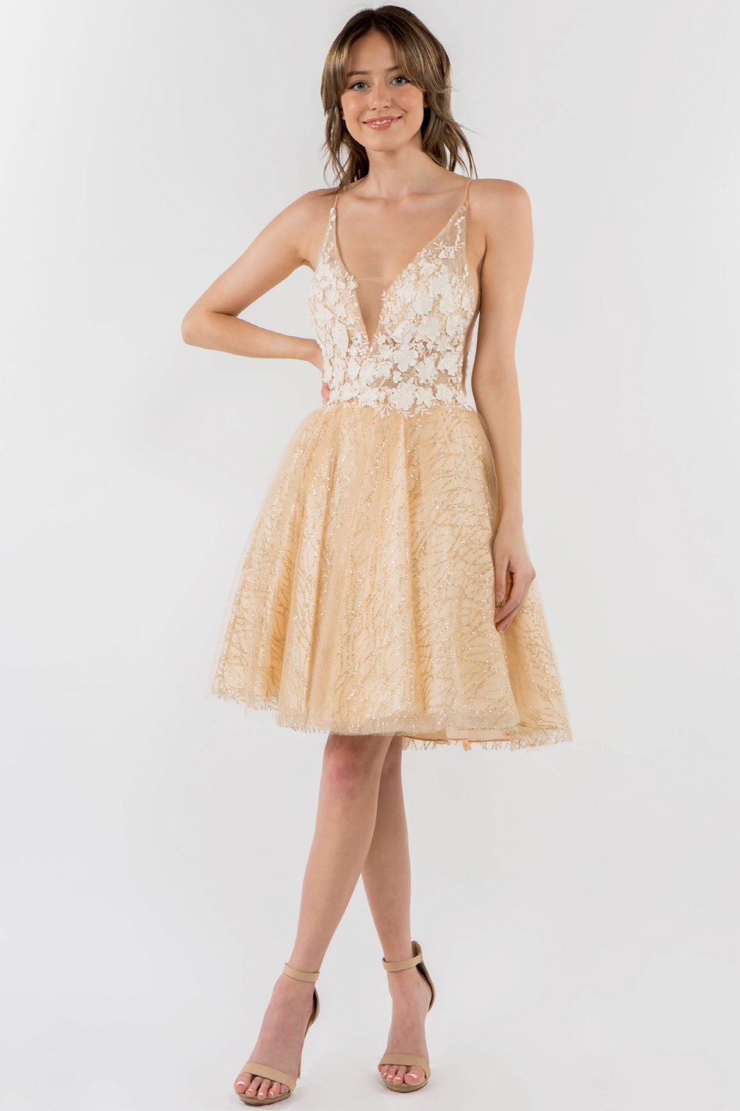 Sheer Bodice V-Neck Glitter Mesh Homecoming Dress-10
