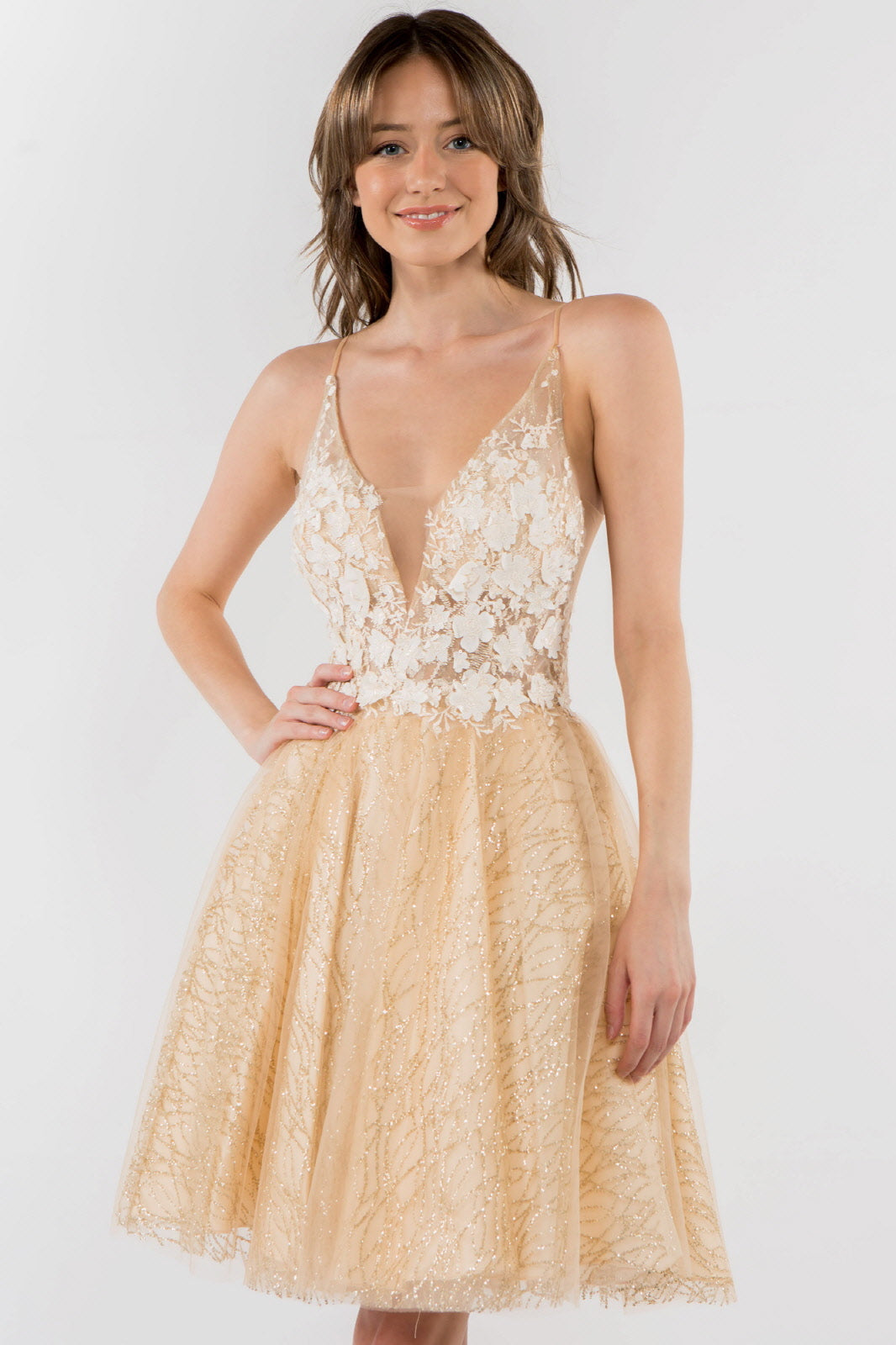 Sheer Bodice V-Neck Glitter Mesh Homecoming Dress-11