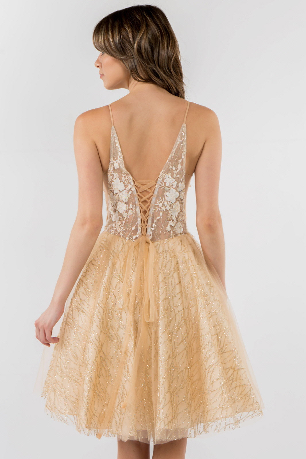 Sheer Bodice V-Neck Glitter Mesh Homecoming Dress-13