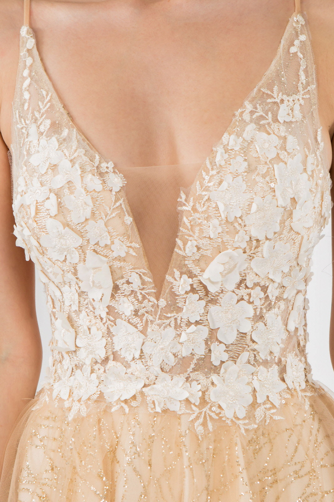 Sheer Bodice V-Neck Glitter Mesh Homecoming Dress-14