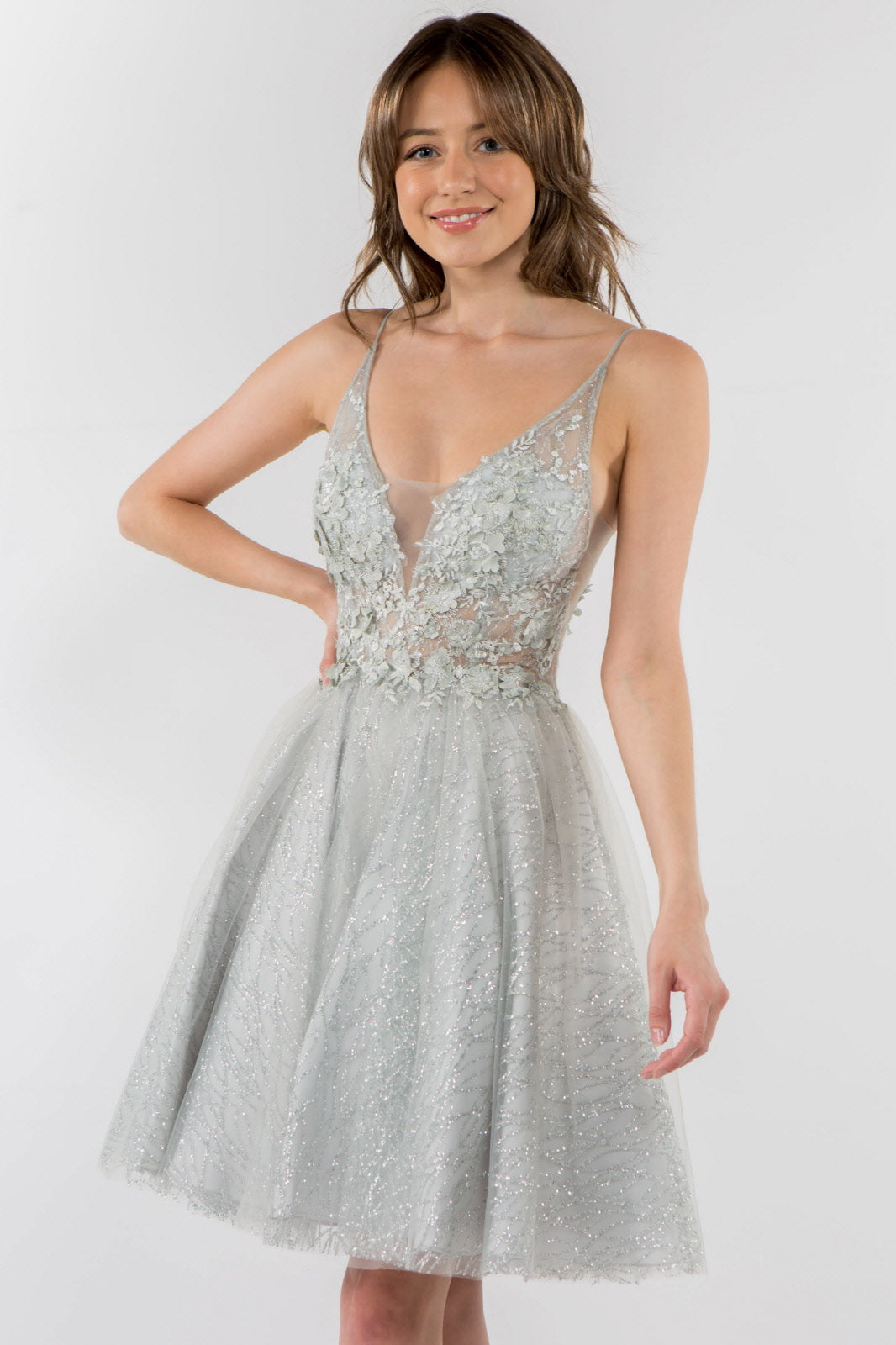 Sheer Bodice V-Neck Glitter Mesh Homecoming Dress-16