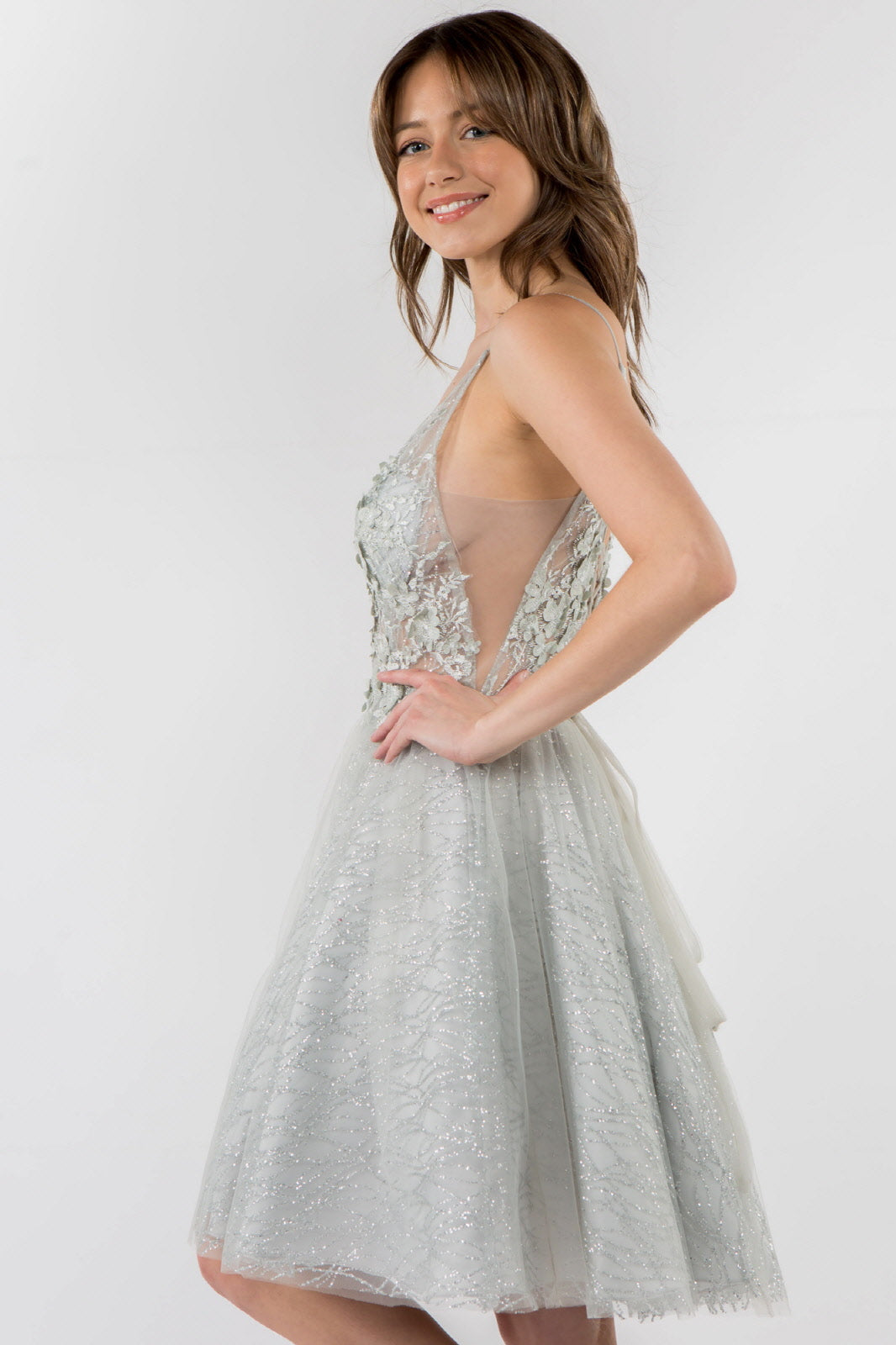 Sheer Bodice V-Neck Glitter Mesh Homecoming Dress-17