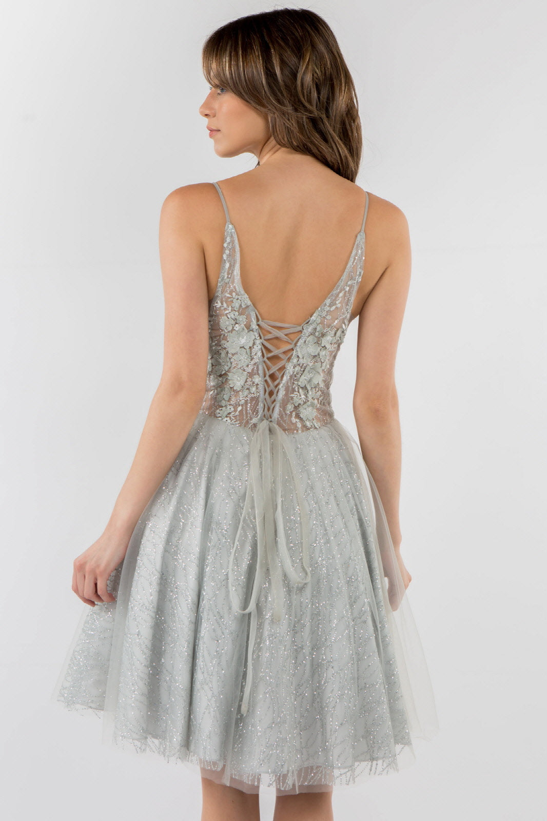 Sheer Bodice V-Neck Glitter Mesh Homecoming Dress-18