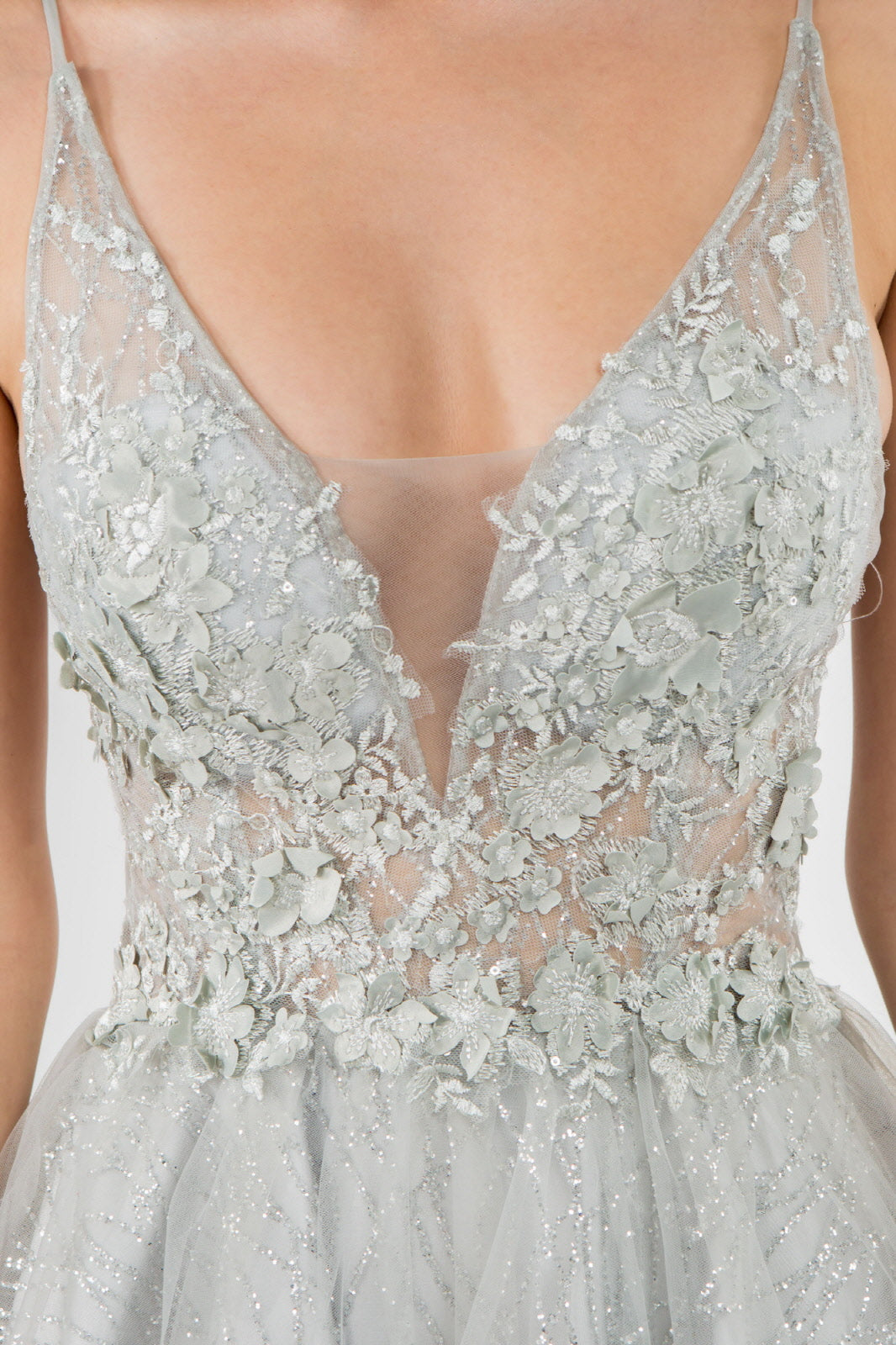 Sheer Bodice V-Neck Glitter Mesh Homecoming Dress-19