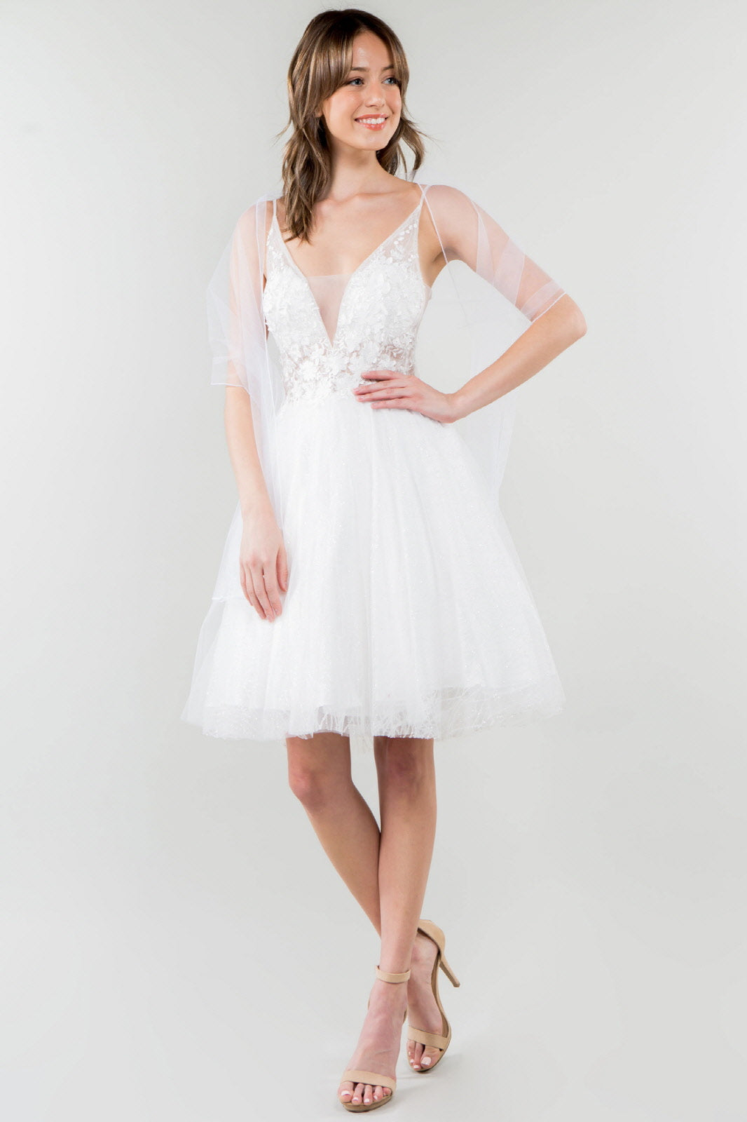 Sheer Bodice V-Neck Glitter Mesh Homecoming Dress-20