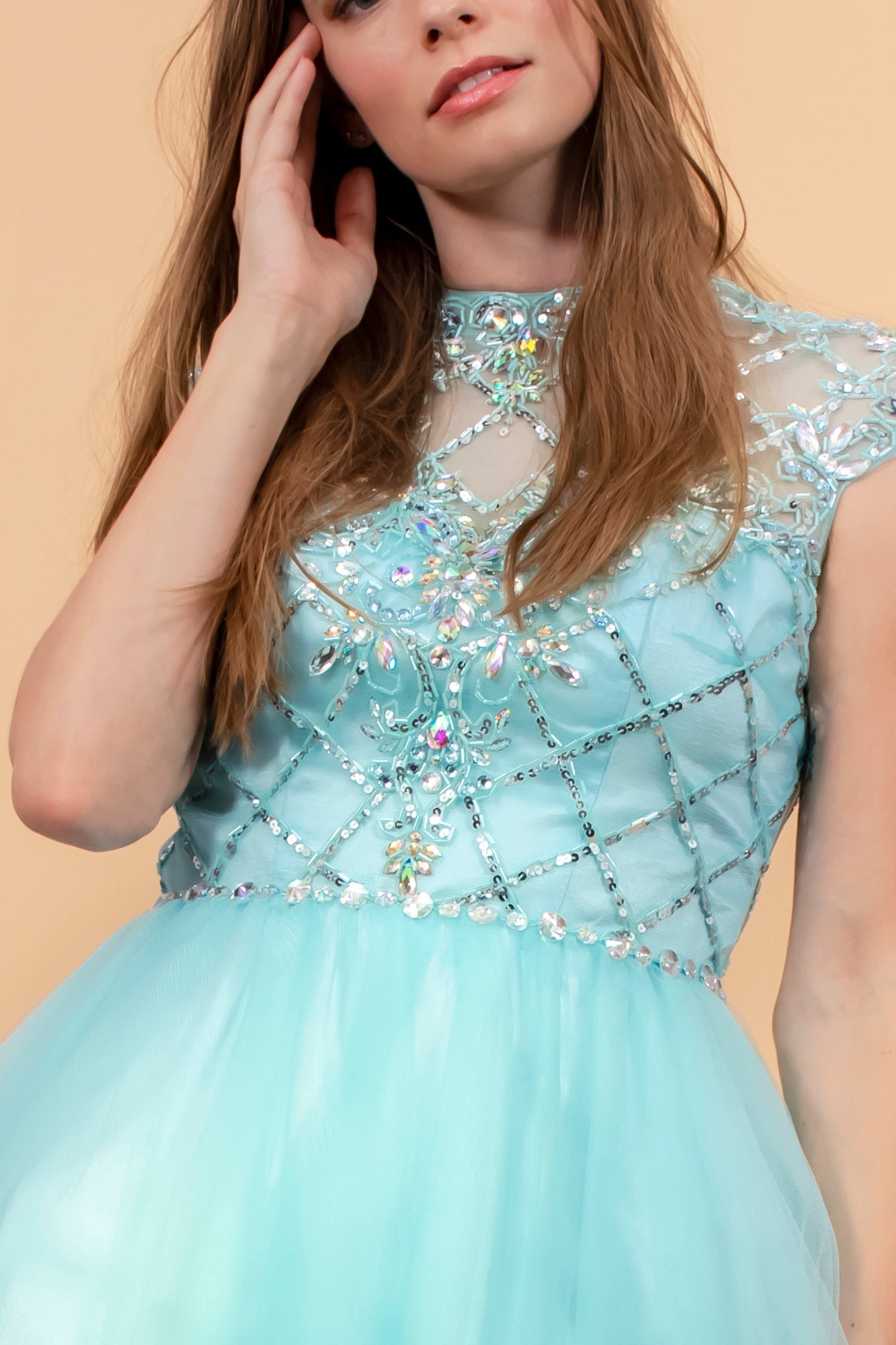 High Illusion Neck Cap Sleeve Short Dress-2