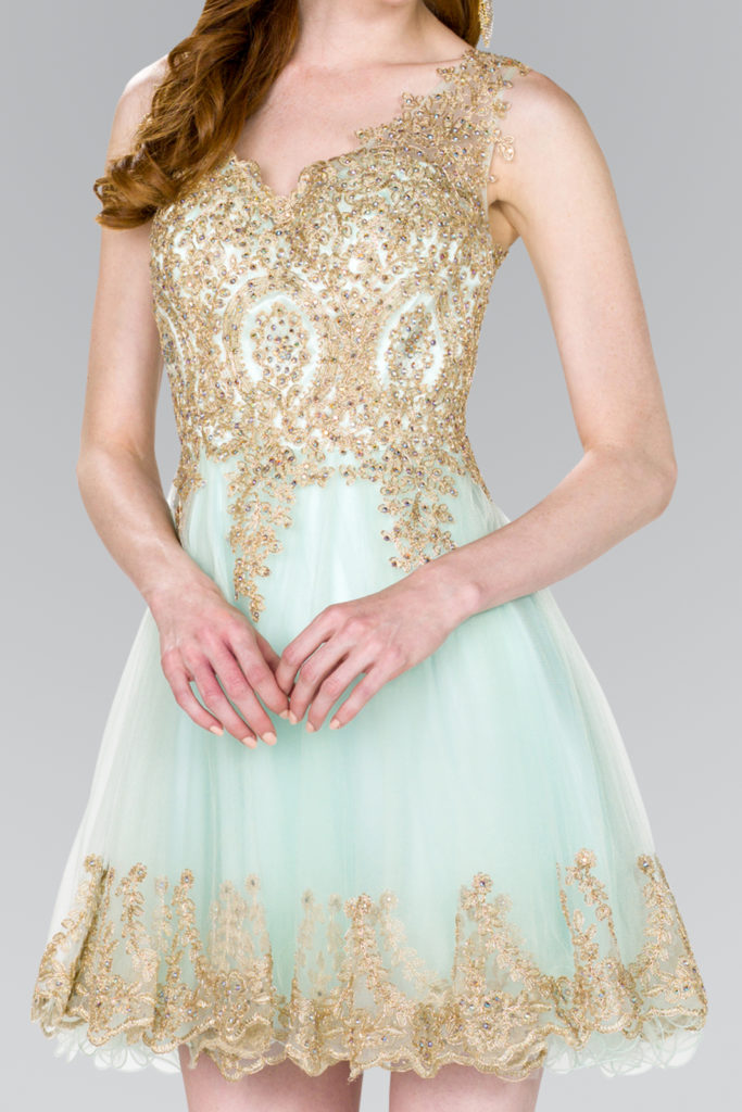 Tulle Short Dress Accented with Gold Lace-7