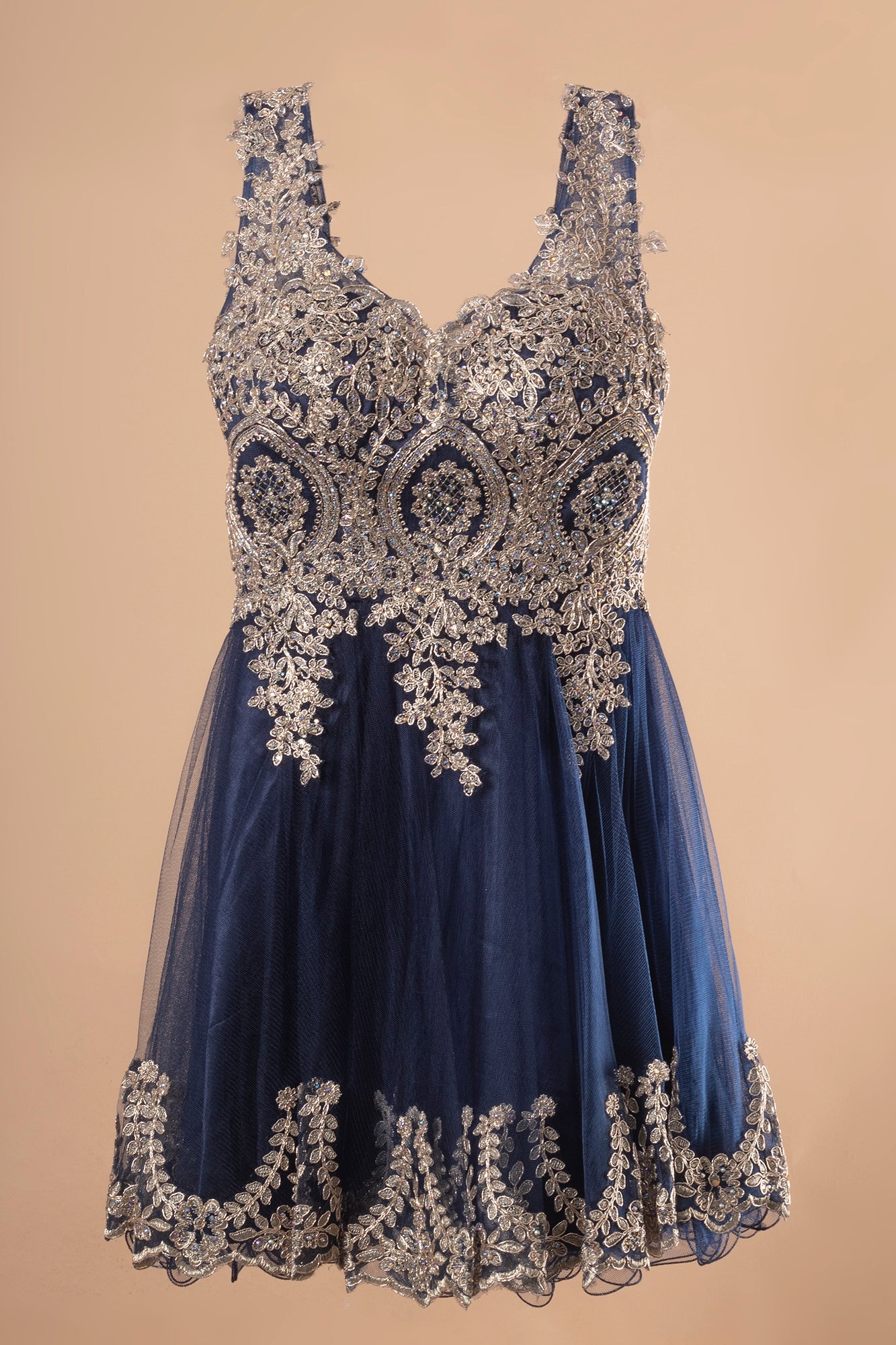 Tulle Short Dress Accented with Gold Lace-8